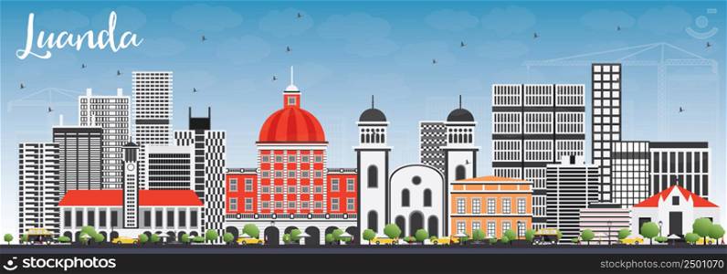 Luanda Skyline with Gray Buildings and Blue Sky. Vector Illustration. Business Travel and Tourism Concept with Modern Architecture. Image for Presentation Banner Placard and Web Site.