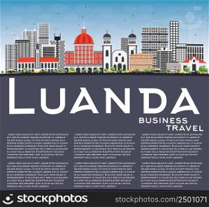 Luanda Skyline with Gray Buildings, Blue Sky and Copy Space. Vector Illustration. Business Travel and Tourism Concept with Modern Architecture. Image for Presentation Banner Placard and Web Site.