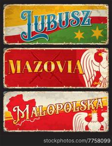 Lubusz, Mazovia, Malopolska polish voivodeship plates and stickers. Vector vintage travel banners with Poland touristic landmarks, territory map, flag, heraldic eagles, stars and swords aged signs. Lubusz, Mazovia, Malopolska polish voivodeship