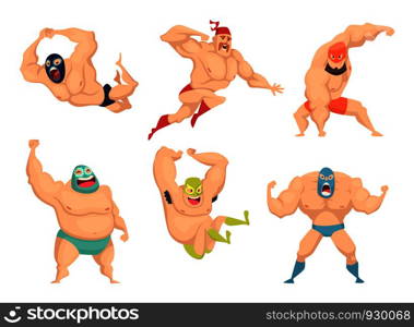 Lucha libre characters. Mexican wrestler fighters in mask macho libros vector martial cartoon mascot. Illustration of mexican wrestler, fighter wrestling combative. Lucha libre characters. Mexican wrestler fighters in mask macho libros vector martial cartoon mascot