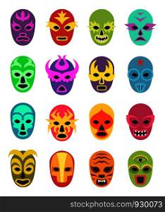 Lucha libre mask. Martial wrestler fighter clothes sport uniform colored masks vector colored icon. Illustration of mask wrestling, latino mexican costume luchador. Lucha libre mask. Martial wrestler fighter clothes sport uniform colored masks vector colored icon