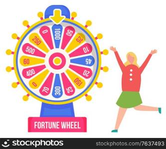 Luck and chance, fortune wheel and girl winner. Pointer and money sum, child and roulette, casino and opportunity, color circle and rotation. Vector illustration in flat cartoon style. Fortune Wheel and Girl Winner, Luck and Chance
