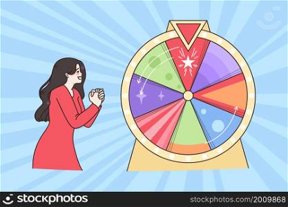Luck and lottery attraction concept. Young smiling woman standing and crossing fists praying for luck in round circle lottery vector illustration . Luck and lottery attraction concept