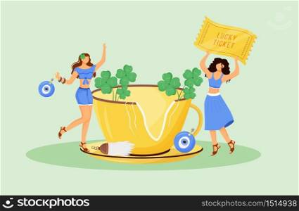 Luck charms and good omens flat concept vector illustration. Young superstitious women with talismans 2D cartoon characters for web design. Fortune symbols, common beliefs creative idea