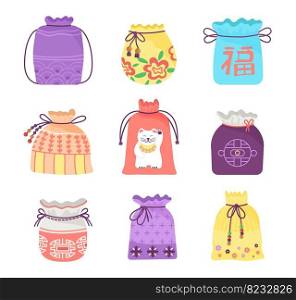 Lucky bags. Art chinese bag, korean happy traditional pocket. Asian tradition present purse, chuseok elements. Oriental holiday gifts decent vector icon. Illustration of korea new year bag. Lucky bags. Art chinese bag, korean happy traditional pocket. Asian tradition present purse, chuseok elements. Oriental holiday gifts decent vector icon