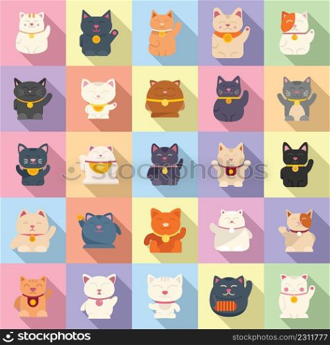 Lucky cat icons set flat vector. Asian animal. Good luck. Lucky cat icons set flat vector. Asian animal