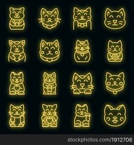 Lucky cat icons set. Outline set of lucky cat vector icons neon color on black. Lucky cat icons set vector neon