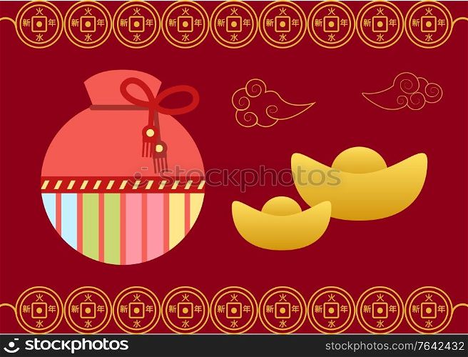 Lucky chinese sack and golden symbol, festive card in red color with frame decorated by colorful bag with cord. Fortune bag or pocket and holiday sign on card, celebration postcard with case vector. Postcard with Fortune Bag, Lucky Card, Sack Vector