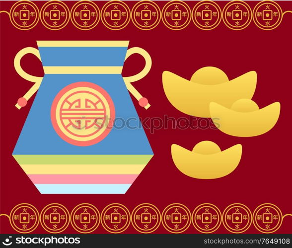 Lucky chinese sack and golden symbol, festive card in red color with frame decorated by colorful bag with cord. Fortune bag or pocket and holiday sign on card, celebration postcard with case vector. Postcard with Fortune Bag, Lucky Card, Sack Vector