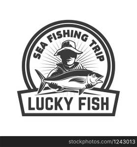 Lucky fish. Emblem template with fisherman with tuna. Design element for logo, label, sign, badge. Vector illustration