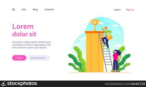 Lucky guy winning prize. Man climbing to gold cup, woman holding ladder flat vector illustration. Teamwork, success, leadership concept for banner, website design or landing web page