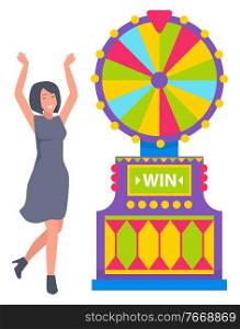 Lucky lady winning game machine, business success. Smiling female gambler playing casino wheel, gambling entertainment, woman and fortune sign vector. Fortune Wheel and Winner Lady, Casino Sign Vector