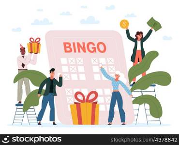 Lucky people play lottery game, bingo gambling games concept. Bingo or lotto lottery lucky gamers vector illustration. Lottery gambling entertainment. Tiny characters getting presents. Lucky people play lottery game, bingo gambling games concept. Bingo or lotto lottery lucky gamers vector illustration. Lottery gambling entertainment