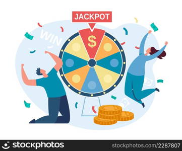 Lucky people spinning fortune wheel and winning jackpot. Characters win cash prizes, lottery winners, online gambling vector illustration. Winner luck and fortune gambling, gamble jackpot. Lucky people spinning fortune wheel and winning jackpot. Characters win cash prizes, lottery winners, online gambling vector illustration