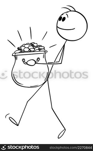 Lucky person holding big pot full of golden coins or money, vector cartoon stick figure or character illustration.. Lucky Person Holding Pot of Gold or Money , Vector Cartoon Stick Figure Illustration
