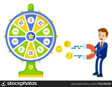 Lucky player attracting money from fortune wheel, smiling man holding magnet. Roulette game machine with currency icons, coins dollar and euro vector. Fortune Wheel, Earn Money, Business Success Vector