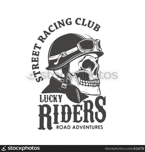 Lucky riders. Street racing club. Skull in racer helmet. Design element for logo, label, emblem, sign, brand mark, poster, t-shirt print. Vector illustration.