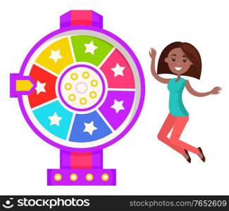 Lucky roulette with pointer and stars. Isolated female character happy of result on fortune wheel. Spinning circle and woman jumping with joy. Winner of laying bet in casino. Vector in flat style. Fortune Wheel Happy Winner of Prize in Casino