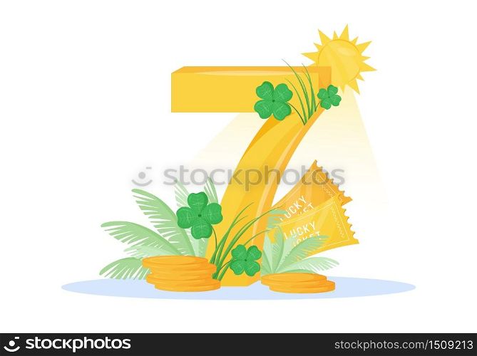 Lucky seven flat concept vector illustration. Fortunate number with four leaf clovers and lucky tickets 2D cartoon composition for web design. Superstition, good fortune symbols creative idea