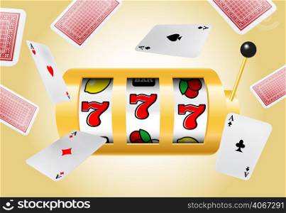 Lucky seven slot machine and flying aces on yellow background. Casino business advertising design. For posters, banners, leaflets and brochures.