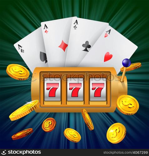 Lucky seven slot machine, four aces and flying golden coins. Casino business advertising design. For posters, banners, leaflets and brochures.
