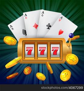 Lucky seven slot machine, four aces and flying golden coins. Casino business advertising design. For posters, banners, leaflets and brochures.
