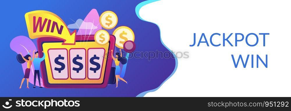 Lucky tiny people gambling and winning money at slot machine with dollar sign. Slot machine, money game winner, jackpot win concept. Header or footer banner template with copy space.. Slot machine concept banner header.