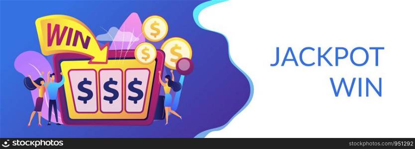 Lucky tiny people gambling and winning money at slot machine with dollar sign. Slot machine, money game winner, jackpot win concept. Header or footer banner template with copy space.. Slot machine concept banner header.