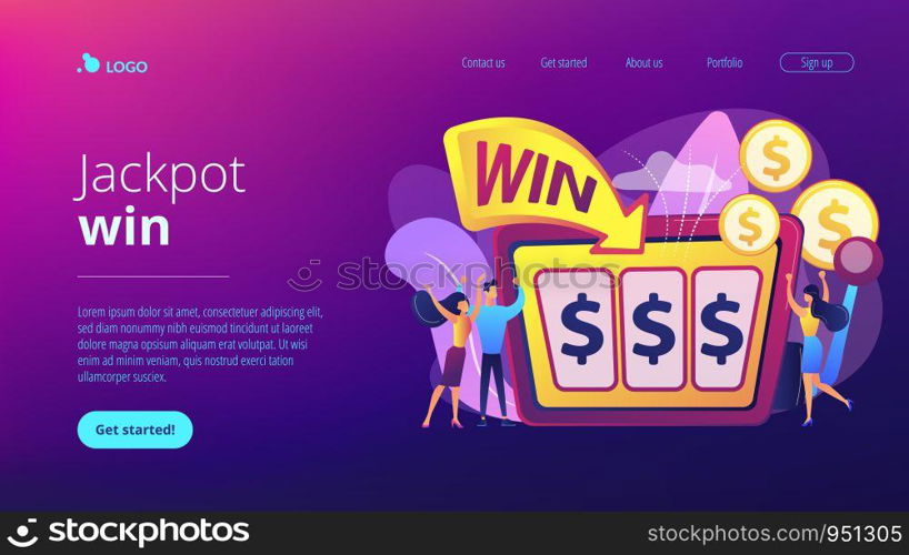 Lucky tiny people gambling and winning money at slot machine with dollar sign. Slot machine, money game winner, jackpot win concept. Website vibrant violet landing web page template.. Slot machine concept landing page.