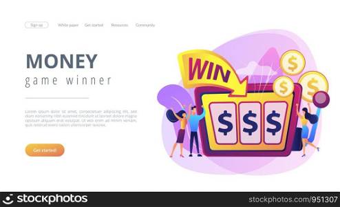 Lucky tiny people gambling and winning money at slot machine with dollar sign. Slot machine, money game winner, jackpot win concept. Website vibrant violet landing web page template.. Slot machine concept landing page.