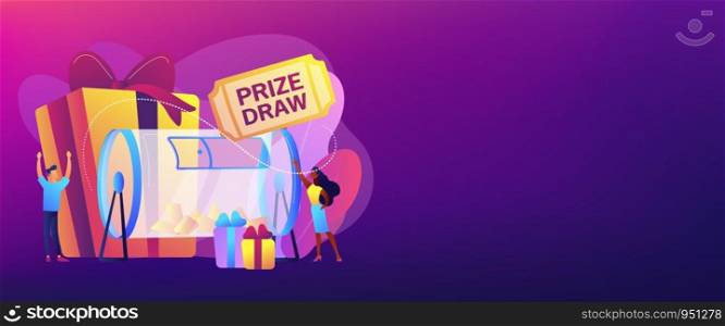 Lucky tiny people turning raffle drum with tickets and winning prize gift boxes. Prize draw, online random draw, promotional marketing concept. Header or footer banner template with copy space.. Prize draw concept banner header.