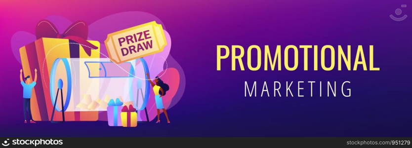 Lucky tiny people turning raffle drum with tickets and winning prize gift boxes. Prize draw, online random draw, promotional marketing concept. Header or footer banner template with copy space.. Prize draw concept banner header.