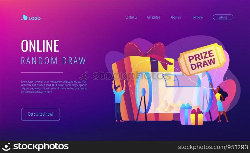 Lucky tiny people turning raffle drum with tickets and winning prize gift boxes. Prize draw, online random draw, promotional marketing concept. Website vibrant violet landing web page template.. Prize draw concept landing page.