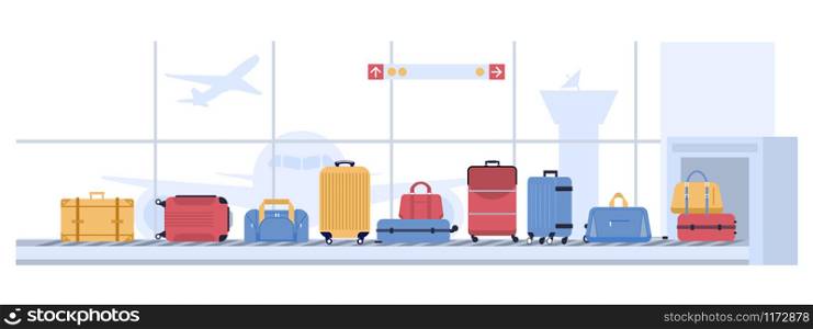 Luggage airport carousel. Baggage suitcases scanning, luggage conveyor belt with bags and suitcases. Airline flight transportation, airport x ray checkpoint inspection vector illustration. Luggage airport carousel. Baggage suitcases scanning, luggage conveyor belt with bags and suitcases. Airline flight transportation vector illustration