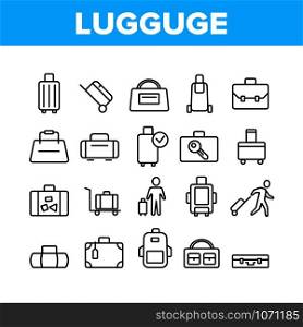 Luggage And Baggage Collection Icons Set Vector. Backpack And Handbag, Suitcase, And Briefcase, Messenger Bag, Trolley And Travel Luggage. Concept Linear Pictograms. Monochrome Contour Illustrations. Luggage And Baggage Collection Icons Set Vector