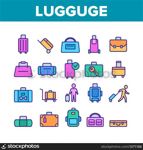 Luggage And Baggage Collection Icons Set Vector. Backpack And Handbag, Suitcase, And Briefcase, Messenger Bag, Trolley And Travel Luggage. Concept Linear Pictograms. Color Illustrations. Luggage And Baggage Collection Icons Set Vector