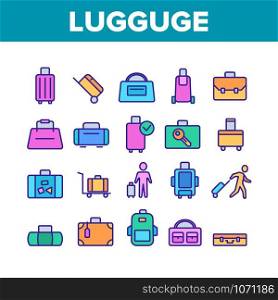 Luggage And Baggage Collection Icons Set Vector. Backpack And Handbag, Suitcase, And Briefcase, Messenger Bag, Trolley And Travel Luggage. Concept Linear Pictograms. Color Illustrations. Luggage And Baggage Collection Icons Set Vector