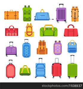 Luggage bags. Baggage handbag for trip, tourism and vacation, travel suitcases and leather accessories isolated vector icons set. Journey essentials. Rolling valises flat illustrations. Luggage bags. Baggage handbag for trip, tourism and vacation, travel suitcases and leather accessories isolated vector icons set. Journey essentials. Valises. Cartoon flat illustrations