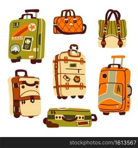 Luggage bags, suitcases and backpack for journey and vacation trip. Vector flat set of travel bags for baggage and suitcases with wheels, belts and stickers isolated on white background. Luggage bags, suitcases and backpack for journey