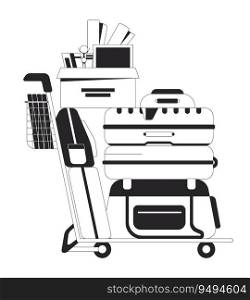 Luggage cart with stack of belongings flat monochrome isolated vector object. Moving, relocation. Editable black and white line art drawing. Simple outline spot illustration for web graphic design. Luggage cart with stack of belongings flat monochrome isolated vector object