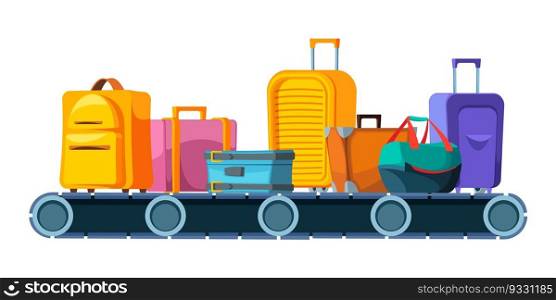 Luggage conveyor. Cartoon belt with suitcases, horizontal airport baggage inspection, luggage transportation concept. Vector illustration. Airport terminal, bags and suitcases control or check. Luggage conveyor. Cartoon belt with suitcases, horizontal airport baggage inspection, luggage transportation concept. Vector illustration