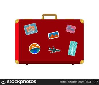 Luggage for long traveling and journey isolated icon vector. Valise with stickers of aircraft and Berlin gates. Egypt and Roman landmarks in pics. Luggage for Long Traveling and Journey Vector