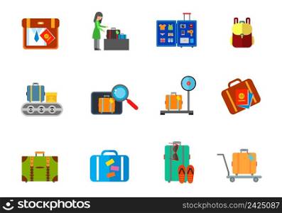 Luggage icon set. Packing Bag Woman Baggage Claim Open Travel Suitcase Backpack Luggage Carousel Inspection Luggage on Scale Suitcase and Passports Flip Flops and Sunglasses Suitcase on Cart