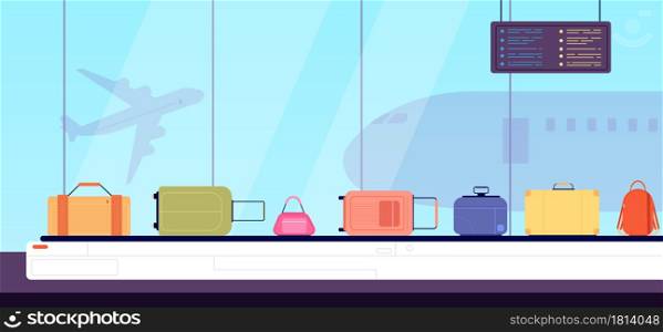 Luggage on belt. Flat color suitcases, airport conveyor and vacation baggage. Cartoon bag checking in arrival terminal vector illustration. Suitcase in airport conveyor, belt for luggage. Luggage on belt. Flat color suitcases, airport conveyor and vacation baggage. Cartoon bag checking in arrival terminal vector illustration