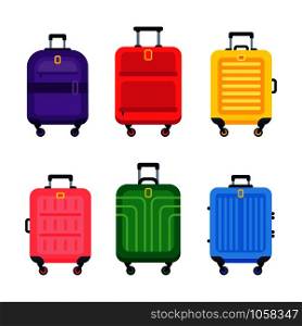 Luggage suitcase. Airport travel baggage colorful plastic suitcases with handle and trolley travel bag, handle leather case. Bags suitcase for conveyor scanner isolated icons flat vector set. Luggage suitcase. Airport travel baggage colorful plastic suitcases with handle and trolley isolated flat vector set