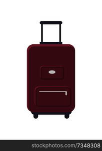 Luggage that symbolize travelling and getting new emotions, suitcase of cherry color with pockets isolated on white vector illustration. Luggage Standing Isolated Vector Illustration