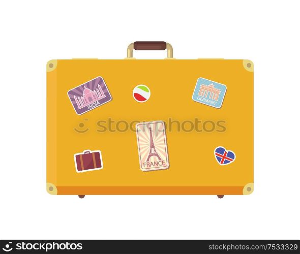Luggage time to travel with valise decorated with stickers isolated icons set vector. Vacation suitcase for personal things, bag with Eiffel tower. Luggage Time to Travel with Valise Icon Vector
