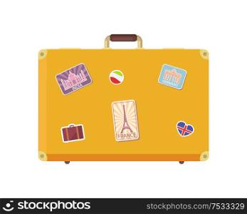 Luggage time to travel with valise decorated with stickers isolated icons set vector. Vacation suitcase for personal things, bag with Eiffel tower. Luggage Time to Travel with Valise Icon Vector