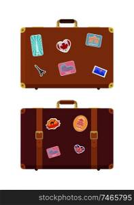 Luggage travel bags with stickers isolated icons set vector. France and Britain flag, UAE building, Italy Rome. Ancient Colosseum sign on luggage. Luggage Travel Bags with Stickers Icons Set Vector
