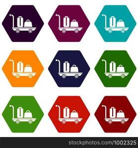 Luggage trolley icons 9 set coloful isolated on white for web. Luggage trolley icons set 9 vector